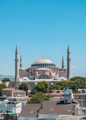Fototapeta na wymiar A view of the Hagia Sophia mosque from a roof of a hotel. 