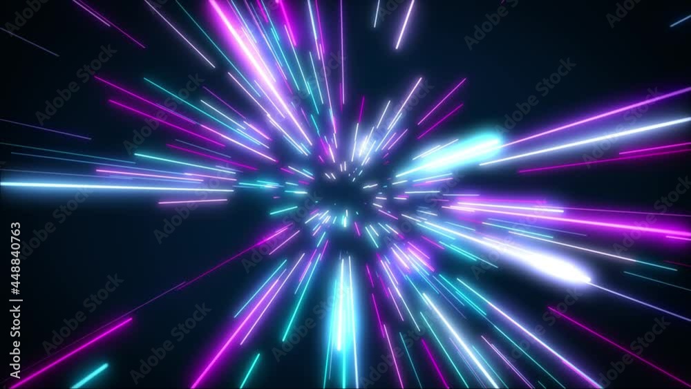 Poster Hyperspace jump in outer space. The speed of light. Light from the stars passing by. 3d animation of a seamless loop.