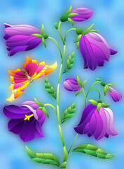 Illustration in stained glass style with purple bell flower and a butterfly on a blue background, rectangular image