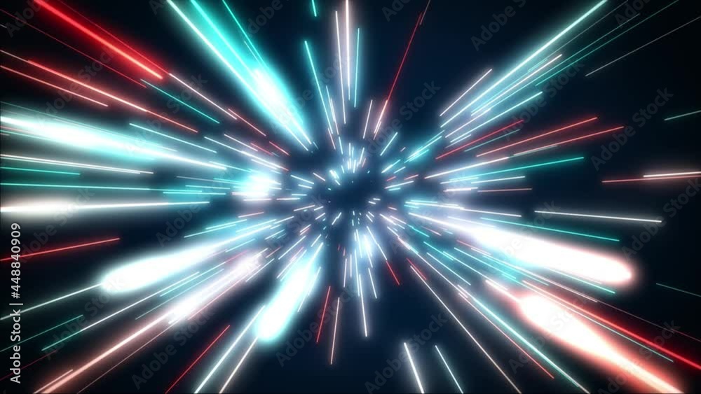 Poster hyperspace jump in outer space. the speed of light. light from the stars passing by. 3d animation of