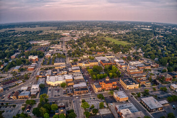 Aerial View of Downtown Woodstock, Illinois during Summer Twilight