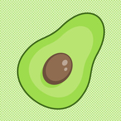 Appetizing and juicy avocado on a green background. Cut fruit. Healthy diet food. Vector illustration