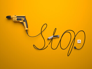 The word STOP, laid out from an electric drill wire and a box cutter on a yellow background. Creative 3d render illustration.