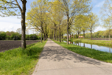 Fototapeta na wymiar Dutch countryside in a rural area in Grientsveen with walking path, a river with reflections in the water surrounded by trees, greenery and houses on a sunny day during spring in The Netherlands