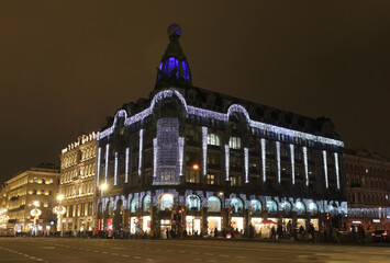 A monumental historical building on Nevsky Prospekt with New Year's illumination
