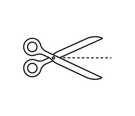 Scissors icon with cut lines isolated on white backgrouns. Vector symbol