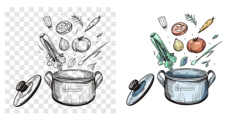 Vegetables fall into the pot. Soup cooking. Vector illustration - obrazy, fototapety, plakaty