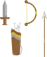 Set of medieval weapons, including a sword, a bow, a quiver with arrows, and a spear. Minimalist style, flat design. Wood (brown), iron (grey), and gold (yellow). 