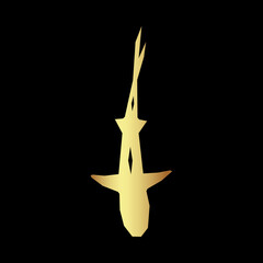 Golden logo, shark view from the top. Floating down. On a black background. For printing on clothes, symbol company. For your design.