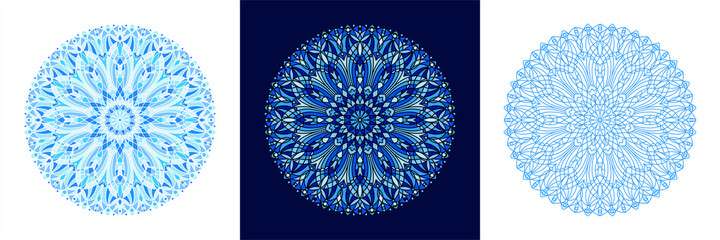 Ornamental round illustration, mandala, patterned circle. Stained glass vector radial ornament, blue background. Linear editable shape. Graphic design element, mosaic decoration, text frame template.