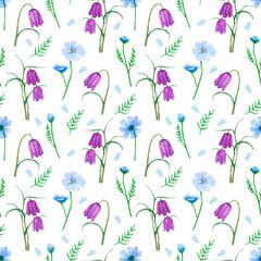 Watercolor hand-drawn Seamless Pattern with meadow Flowers on a white background. 