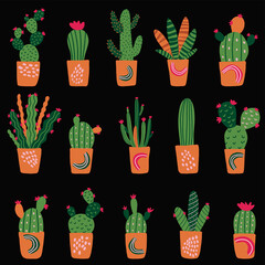 Vector seamless pattern with different cactus in pots. Bright repeated texture with green cacti. Hand drawing natural black background with desert plants for fabric, textile, wrapping paper.