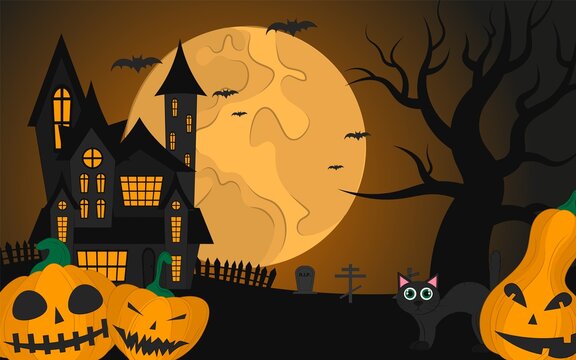 Halloween night background. Vector illustration for the October holiday, banner. Poster, invitation template for halloween party, web page. 