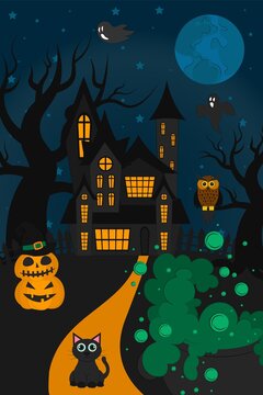 Halloween night background. Vector illustration for the October holiday, banner. Poster, invitation template for halloween party, web page. 