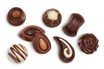 Chocolate candy isolated on white background with clipping path and full depth of field. Top view. Flat lay.