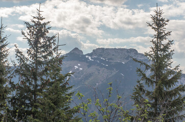 View of Giewont, one of the most visited peaks in the Tatra Mountains in Poland. There is a characteristic cross on the top.
