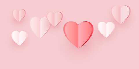 Fototapeta na wymiar Flying paper hearts decoration isolated on soft pink background. Love symbol. Greeting card for Woman, Mother, Valentines Day. Vector.