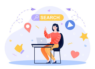 Communication via the Internet concept. Woman sitting at laptop, flipping through social network, sending message and looking for information. Conversation at distance. Flat vector illustration