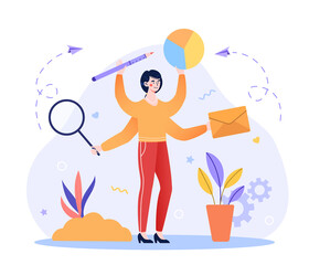 Concept of multitasking problem. Woman with four hand holding diagram, letter, magnifying glass, pencil. Metaphor for the correct work organization, time management. Cartoon flat vector illustration