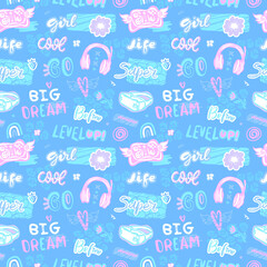 Cute seamless pattern with joystick, 3d glasses, headphones and lettering for baby textiles. Blue and pink background with motivational phrases, doodles for girly design, wrapping paper, covers. 