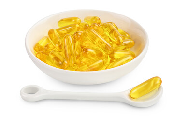 Fish oil capsules in bowl isolated on white background with clipping path and full depth of field