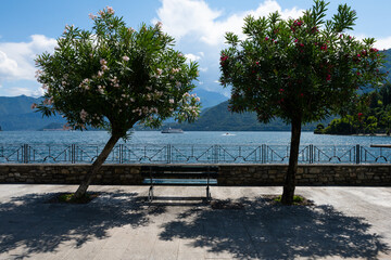 Obraz na płótnie Canvas View over the beautiful, gorgeous lake Como seen from the village of Lenno. It is a beautiful sunny summer day, with blue sky and a few clouds. There are boats on the lake