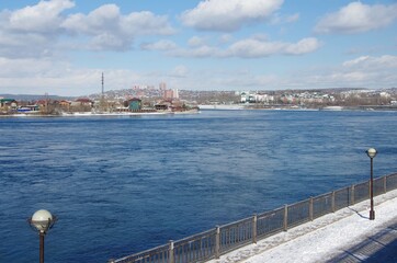Fototapeta na wymiar Angara river in Irkutsk in winter in Siberia, Russia