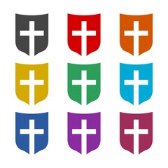 Christian cross and shield color icon set