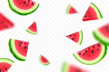 Falling fresh ripe watermelon slices isolated on transparent background. Flying defocusing red watermelon pieces. Close-up juicy fruit. Vector illustration. - obrazy, fototapety, plakaty