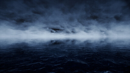 Dark Night Cloudy Sky and Ocean 3D Render Background