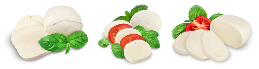 Mozzarella cheese sliced with basil leaf isolated on white background . Set or collection