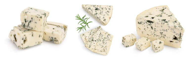 Blue cheese with rosemary isolated on white background with full depth of field. Set or collection