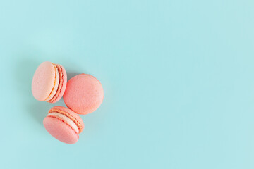 Tasty french pink macarons on a blue pastel background.