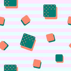 Vector seamless pattern. Emerald Green and terra cotta orange cubes with polka dots on pastel striped pale pink background. Retro style. Trendy color geometry wallpaper. Stylish Summer print. Squares.