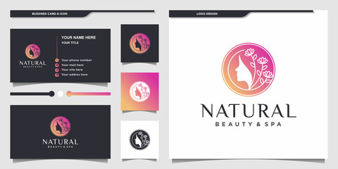 Woman face logo with flower beauty in circle concept, spa, cosmetics, head, Premium Vecto