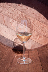 Wine production in Netherlands, white wine tasting glass close up
