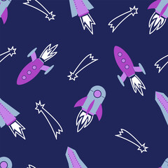 Fototapeta na wymiar Rocket seamless pattern on dark blue background with comets. Various spaceships vector illustration. Good for fabrics, textile, clithing, nursery, stationery, print, wrapping paper.