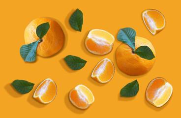 beautiful oranges tangerines with slices flat top view