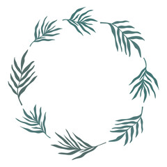 Summer wreath round frame with elegant palm leaves teal foliage silhouette. Seasonal laurel design. Hand drawn abstract vector palm floral background border isolated on white. Copy space.