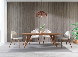 Kitchen dining table with lamps and flower vases with wine glasses.3d rendering