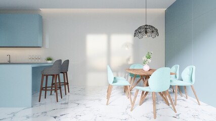 Kitchen interior dining room light blue tone, ceramic tile floor and a lamp on the dining table.3d rendering