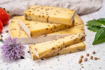 Cheese collection, matured cow cheese with mustard seeds from Belgium