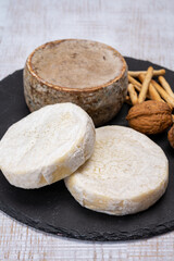 Cheese collection, fresh white soft cow cheese with mold from Swiss and tommette de savoie from France, cheese made in Alpine mountains