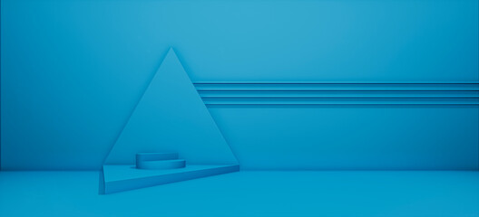 Geometric 3d render. Product podium. Triangular backing. Blue scene