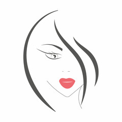 Beautiful young woman with long hair and red lips, outline sketch vector illustration