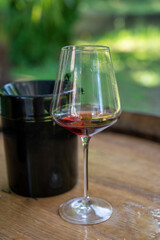 Tasting of dry burgundy red wine made from pinot noir  grapes, wine tourisme to Burgundy Cote de Nuits wine region, France