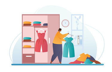 Cleaning the closet concept. Woman takes apart the wardrobe and carefully folds the clothes. Convenient location of clothing. Cartoon modern flat vector illustration isolated on white background