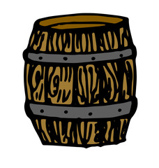 Vector barrel made of wood. a doodle-style barrel with a wood texture, brown color with a black outline and iron hoops on a white background for a design template. isolated element vineyards