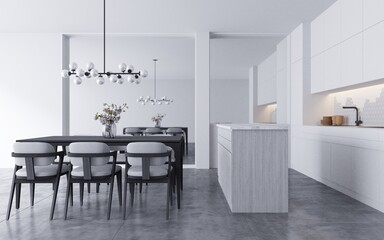Modern kitchen interior with white brick walls with mirror reflections on the walls a concrete floor and gray.3d rendering