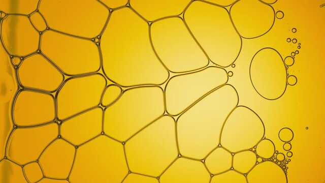 Clear fluid flows between different sized transparent bubbles making them move on yellow background | Macro shot of skin care cream with natural oils for its commercial